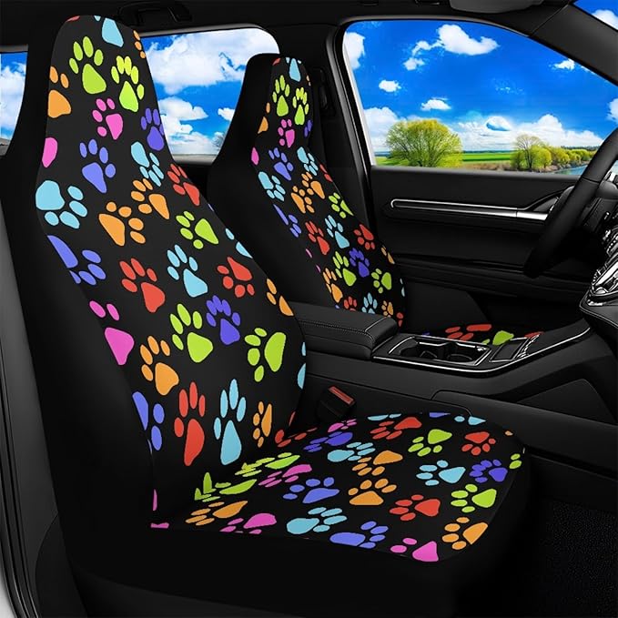 Colorful Paw Print Car Seat Covers Set of 2 Cute Waterproof Front Seat Covers Stretch Polyester Fabric Automobile Accessory Universal Fit for Truck Van SUV