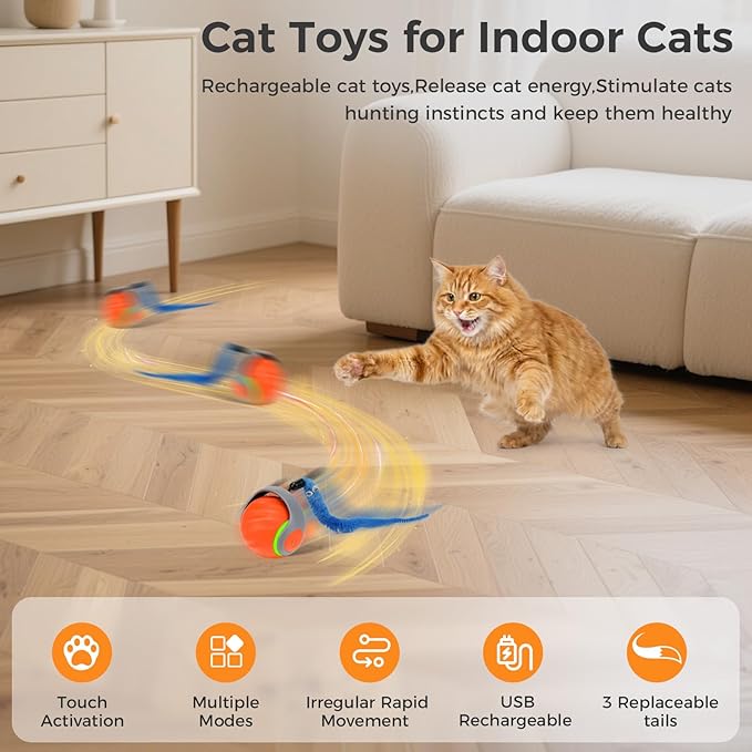 Automatic Interactive Cat Toy Ball with 3 Tails，Rechargeable Moving Cat Toy for Indoor Cats，Cat Toys Balls for Indoor Cats|Fun Interactive Cat Toys & Perfect Cat Gifts，cat ChaCe Toy，Motion Activated