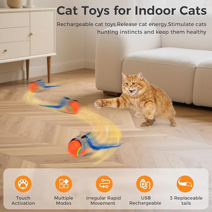 Automatic Interactive Cat Toy Ball with 3 Tails，Rechargeable Moving Cat Toy for Indoor Cats，Cat Toys Balls for Indoor Cats|Fun Interactive Cat Toys & Perfect Cat Gifts，cat ChaCe Toy，Motion Activated