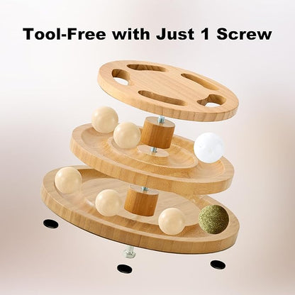 Cat Ball Track Toy with Puzzle Top, Extra Large Wooden Cat Toys for Indoor Cats with Spinning Balls, Interactive Cat Ball Tower for Kitten Exercise Mental Physical