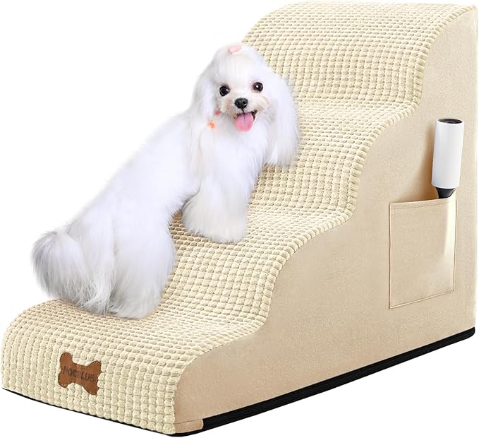 Dog Stairs for Small Dogs, Wide Pet Step with Removable Cover, No Assembly High Density Foam Cat Ramp for Bed or Sofa, 4-Step, Beige