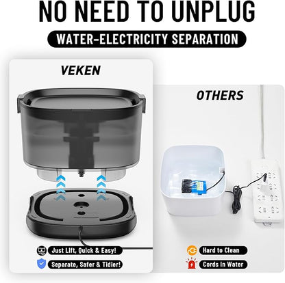 Veken Cat Water Fountain with Detachable Tank & Secure Clips, 6 Filters & Sponges, Easy to Clean & Assemble, 84oz/2.5L Quiet Pet Drinking Dispenser with LED Light for Cats, Dogs and Small Pets, Black
