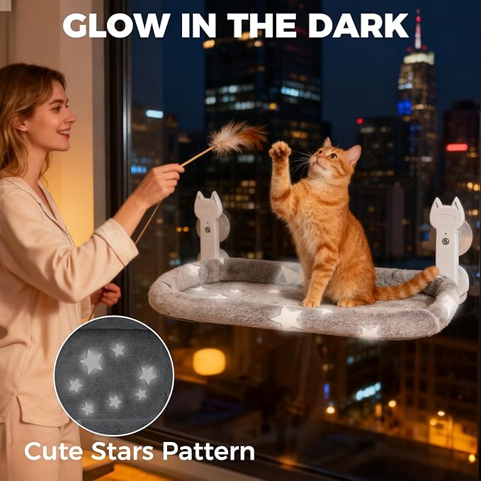 Homimp Cat Window Perch,Cordless Cat Window Hammock for Wall with 4 Strong Suction Cups,Solid Metal Frame and Two Replaceable Covers,Foldable Cats Bed for Large Cats and Kittens,Indoor Pet Seat,Grey L