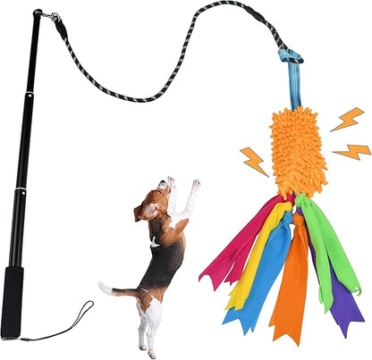 ASOCEA Dog Tug Toy with Flirt Pole, Aggressive Chewers Dog Squeaky Bungee Rope Chase Pull Tug of War Lure Toy with Teaser Wand for Small Medium Large Dogs Puppy Outdoor Exercise & Training