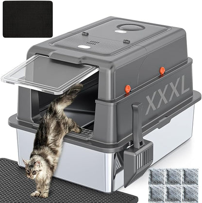 XXXL Extra Large Stainless Steel Litter Box with Lid, 28" L x 20.5" W x 17" H Covered Stainless Steel Litter Box, Multiple Natural Activated Carbon Filter Bags, Non-Sticky, Anti-Leakage, Easy to Clean