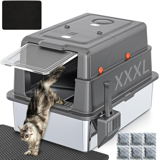 XXXL Extra Large Stainless Steel Litter Box with Lid, 28" L x 20.5" W x 17" H Covered Stainless Steel Litter Box, Multiple Natural Activated Carbon Filter Bags, Non-Sticky, Anti-Leakage, Easy to Clean