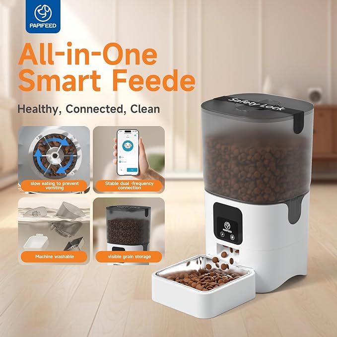 PAPIFEED 5G WiFi Automatic Cat Feeders Smart Automatic Cat Food Dispenser Slow Feeding Mode, Detachable for Easy Cleaning, Pet Feeder, 1-30 Meals Per Day for Multiple Pets (6L/25 Cup)