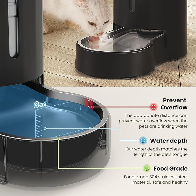 CZPET Automatic 4L Filter Dog and Cat Water Dispenser with Stainless Steel Bowl Gravity Waterer,Large Capacity and Drinking Area Noise-Free for Pets (Black)