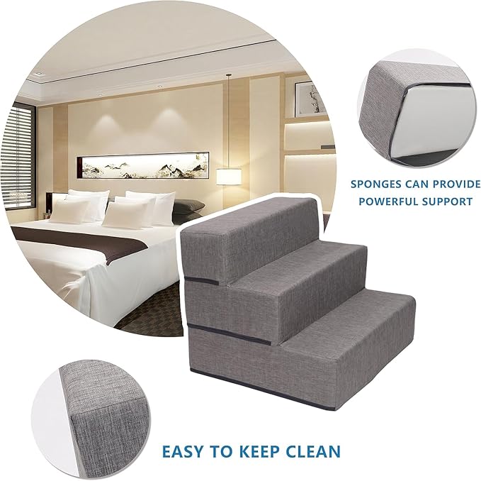 Elevon Dog Stairs for Bed 18" H, 3-Step Dog Steps for High Bed and Couch, Pet Steps for Small Dogs and Cats, Non-Slip Balanced Pet Ramp Indoor, Grey