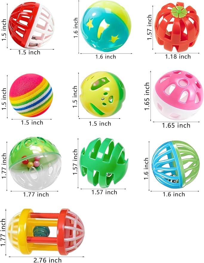 10 Colorful PP Cat Toys Balls for Indoor Kitten, Interactive Chase and Bite Toys for All Kittens and Cats (1.5'' - 2.2'')