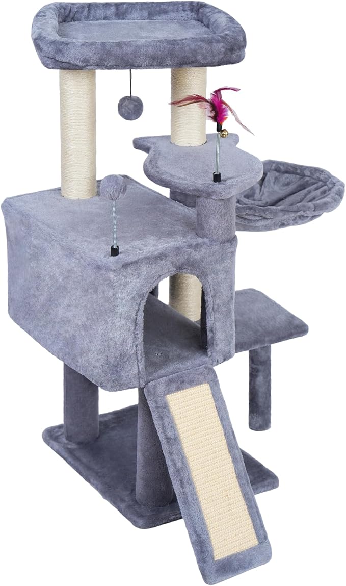 35.4'' Multifunction Cat Tree with Cozy Hammock & Hanging Ball, Cat Tower with Activity Cat Condo & Jute-Covered Scratching Posts, Grey