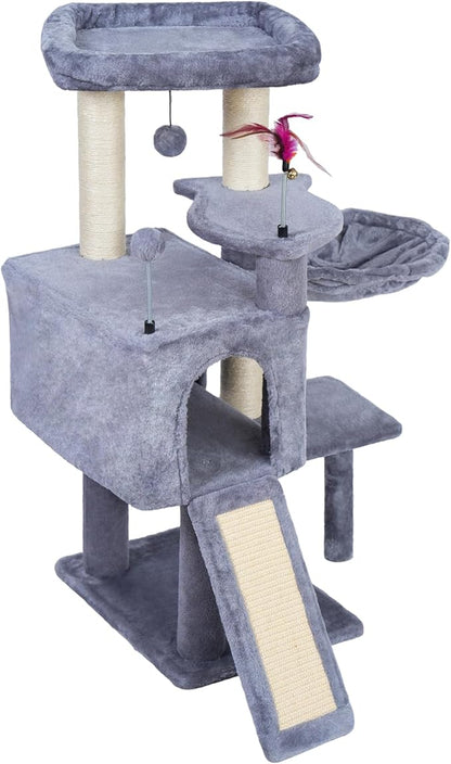 35.4'' Multifunction Cat Tree with Cozy Hammock & Hanging Ball, Cat Tower with Activity Cat Condo & Jute-Covered Scratching Posts, Grey