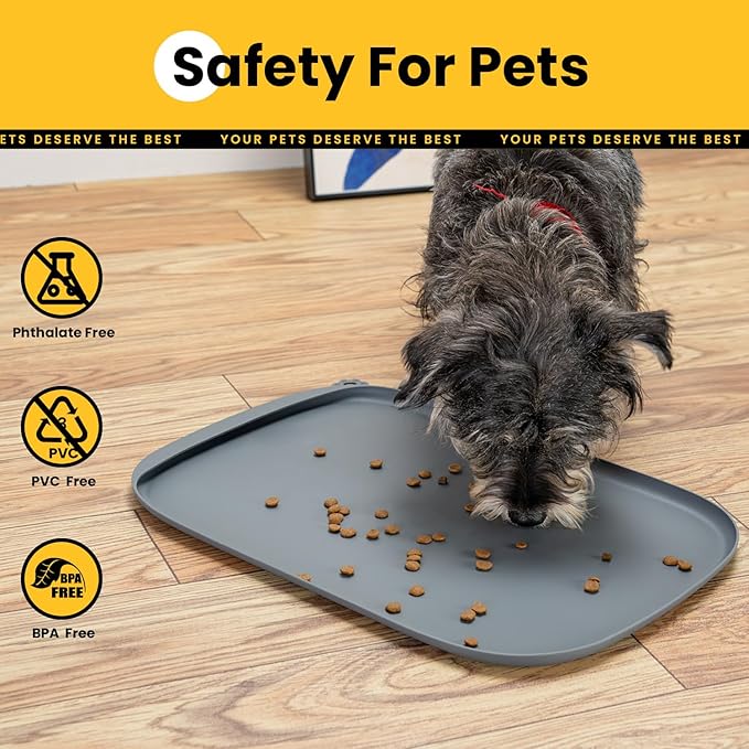 Silicone Dog Food Mat with Side Pocket & Hook Hole, Soft Raised Edges, Easy Clean Waterproof Non-Slip Pet Feeding Mat for Cats and Dogs Water Bowl, Pets Accessories(24"x16",Grey)