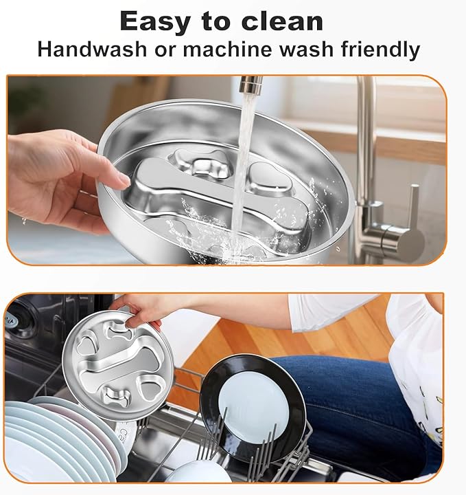 Stainless Steel Slow Feeder Dog Bowls,2 Pcs Slow Food Bowl for Dog & Cat - 2 Cups Capacity,Bone-Shaped Design Pet Food Holder,Metal Non-Slip Lick Plate,Puzzle Maze Dish for Small & Medium Sized Breeds