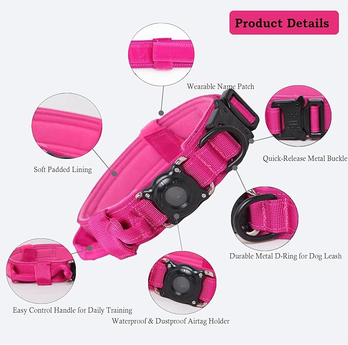 Xqpetlihai Upgraded AirTag Dog Collar Waterproof Tactical Dog Collar with AirTag Holder Heavy Duty Dog Collars for Large Dogs (Rose Red，L