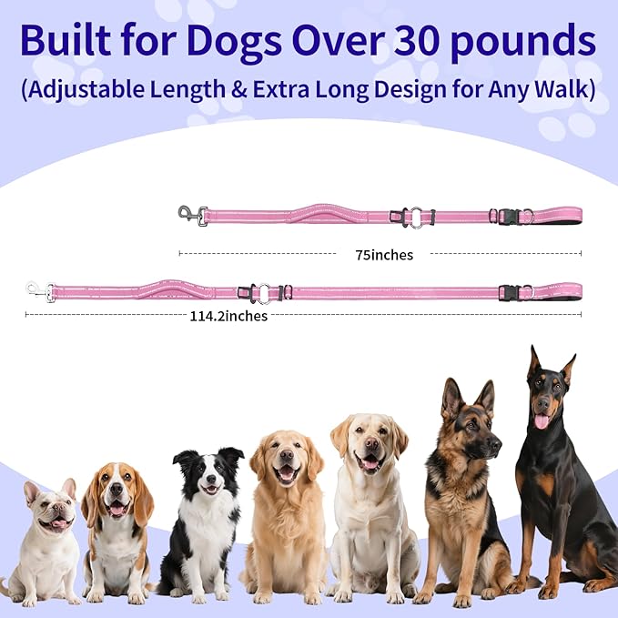 Kazazoo Hands-Free Dog Leash with Adjustable Length 5.5-8.5FT + Dual Padded Handles Reflective Safety for Walking, Jogging & Training | Suitable for Medium to Large Dogs & Puppies M Size Pink