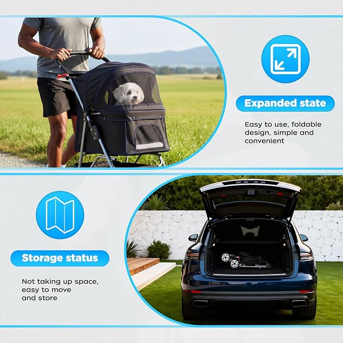 BestOffice Pet Stroller for Small Medium Dogs & Cats, 4-Wheel Foldable Dog Stroller with Cup Holder, Lightweight Travel Carrier, Waterproof Design for Outdoor Walks, Black