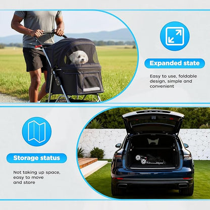 BestOffice Pet Stroller for Small Medium Dogs & Cats, 4-Wheel Foldable Dog Stroller with Cup Holder, Lightweight Travel Carrier, Waterproof Design for Outdoor Walks, Black