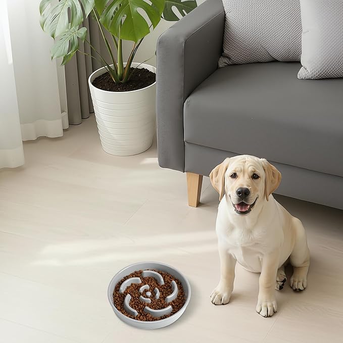 Slow Feeder Dog Bowl, Ceramic 8.3 inch Dog Food Bowls for Small, Medium, and Large Breed, Anti-Slip Maze Puzzle Food Dish to Slow Down Eating (Grey, 8.3 inch)