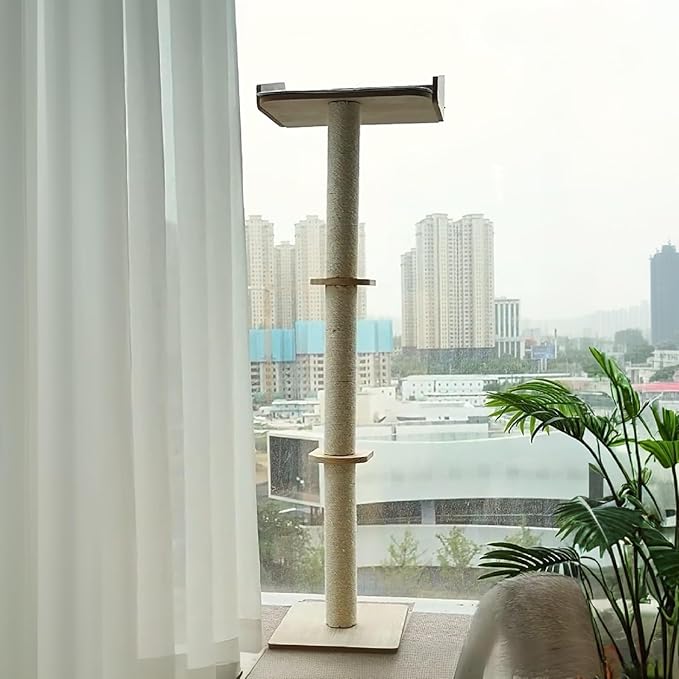 52.7'' Cat Tree Window Sill Perch with Tall Vertical Scratching Post Height-Adjustable Indoor Hammock Bed for Large Cats Drill-Free Suction Cup Climbing Tree Tower for Sunbathing & Bird Watching