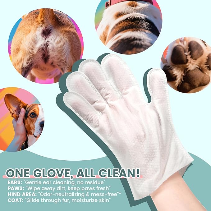 100 Pcs Pet Glove Wipes, Cleaning & Deodorizing for Dogs & Cats, Hypoallergenic Dog Bath Wipes with Natural Persimmon Tannin, Unscented Wipes for Ears, Fur, Paws