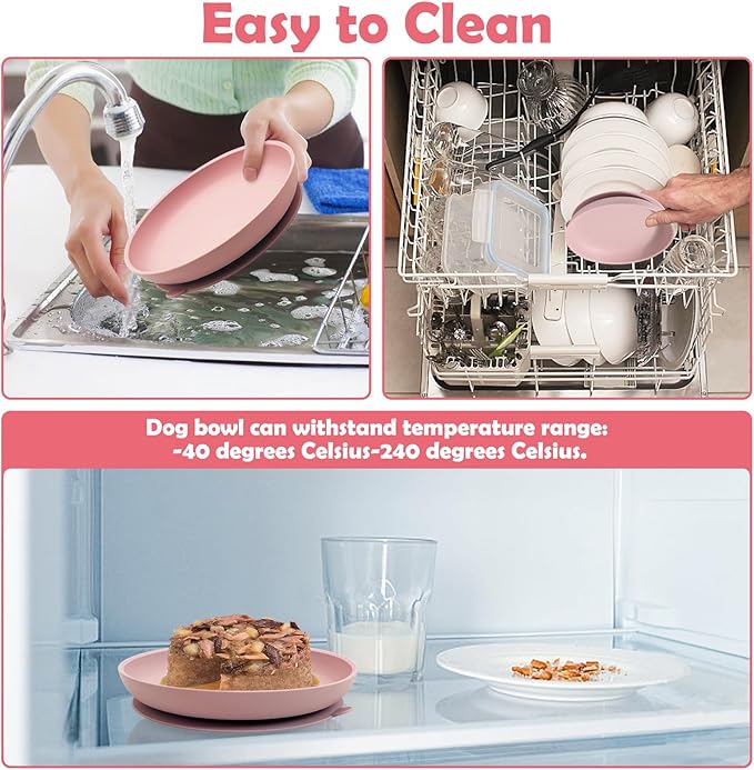 Silicone Dog Bowl Set of 2 No Spill Puppy Food & Water Dish Less Mess Cat Dry Food Plates with Suction Cup Non-Tippable Feeding Wet Food Bowls for Small & Medium-Sized Pets (Round Pink)