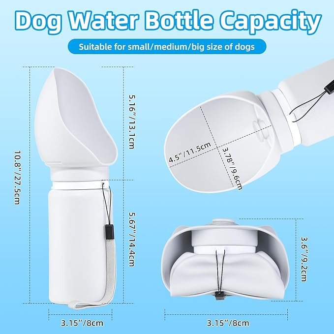 Dog Water Bottle, Leakproof Portable Water Bowl for Dog, Lightweight Water Bottle for Dogs, Food Grade Silicone, Collapsible Travel Pet Water Bottle for Outdoor Hiking Camping (Grey, 18.6 Ounces)