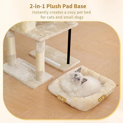 Heybly Cat Tree, 45.3-Inch Cat Tower for Indoor Cats with Large Perch, All-in-One Cat Furniture with Cozy Bed, Hidden Space Cat Condo, Comfy Hammock, Scratching Posts & 3 Pompoms, Beige HCT202SM