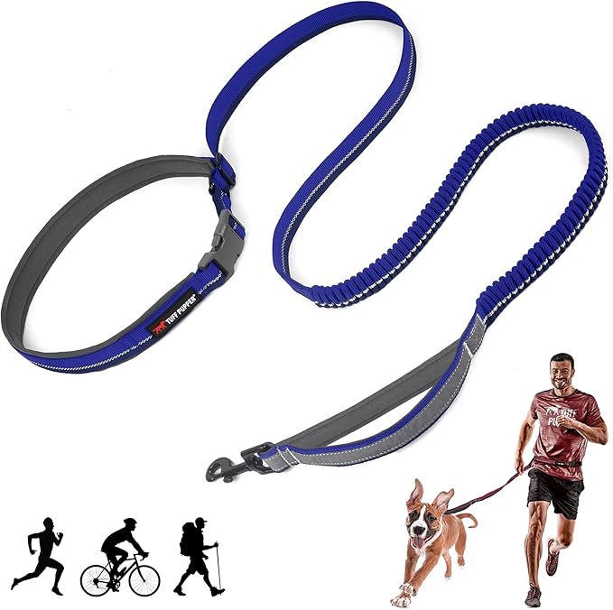 Tuff Pupper Hands Free Bungee Dog Leash | Lightweight for Running Jogging Walking | Adjustable Padded Waist Belt (24-50 inch) | Bungee Stretch 3 to 6 Feet | Strong Ballistic Nylon w/Reflective Strips
