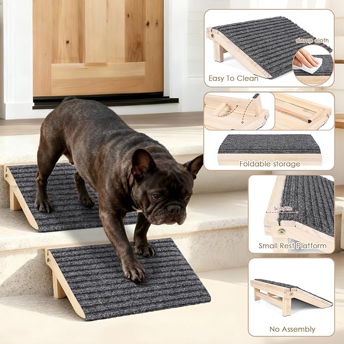 2-Pack Foldable Dog Ramp for Stairs – Lightweight Safe Wooden Pet Steps with Low-Angled Design & Anti-Slip Carpet Surface, Portable Dog Stairs to Assist Elderly/Injured Small Medium Large Dogs