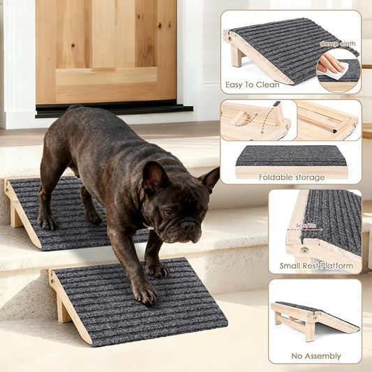 2-Pack Foldable Dog Ramp for Stairs – Lightweight Safe Wooden Pet Steps with Low-Angled Design & Anti-Slip Carpet Surface, Portable Dog Stairs to Assist Elderly/Injured Small Medium Large Dogs