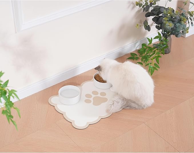 Ralxion Scalloped Dog Feeding Mat, Absorbent Mats for Dog Food and Water Bowl, Dispenser, Cute Elegant Aesthetic Khaki Beige Scallop Pet Placemat for Dogs, Cats, Puppy Accessories, 14" X 19”