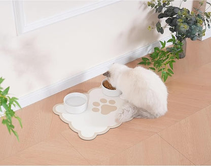 Ralxion Scalloped Dog Feeding Mat, Absorbent Mats for Dog Food and Water Bowl, Dispenser, Cute Elegant Aesthetic Khaki Beige Scallop Pet Placemat for Dogs, Cats, Puppy Accessories, 14" X 19”