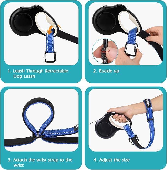 PetBonus Dog Leash Wrist Strap, Safety Strap for Retractable Leash, Lockable Reflective Short Dog Walking Lead with Adjustable Soft Padded Handle, Extra Layer Security for Pet Stroller (Blue)