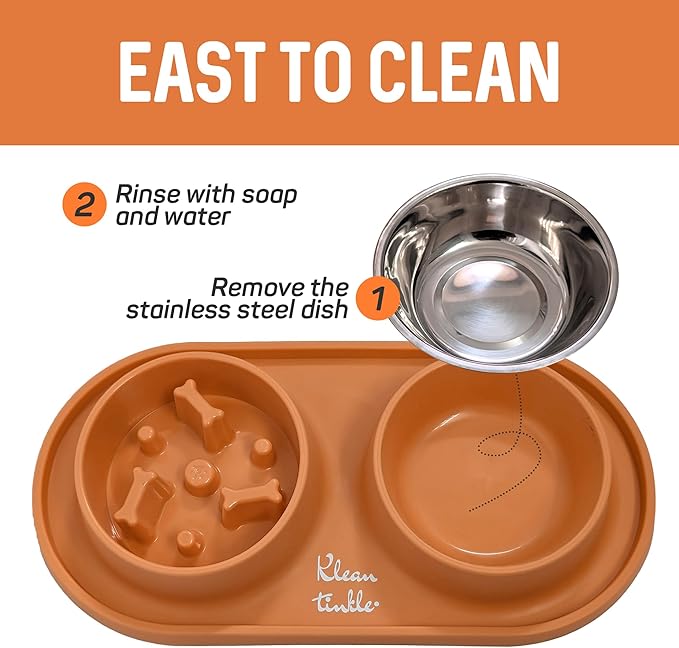 Pets Anti Skid Double Slow Feeder Dog Bowls with Non Skid Silicone Mat - Stainless Steel Dog Water Bowl for Cats & Pets (Orange)