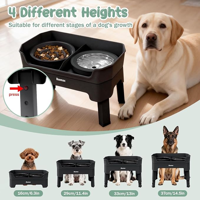 4 in 1 Adjustable Elevated Dog Bowls with 2*Stainless Steel Bowls, Anti-Spill Water Bowl, 4 Heights Raised Dog Bowl Stand for Small to Medium & Growing Large Puppies, Anti-Slip, Mess Proof Design