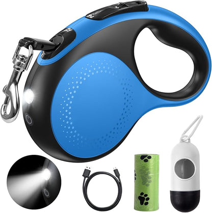 Retractable Dog Leash with Led Light, Douexio 16ft Rechargeable Walking Dog Leash for Small Medium Dogs Up to 66 lbs,360° Tangle-Free, One-Button Control, High Strength Hook