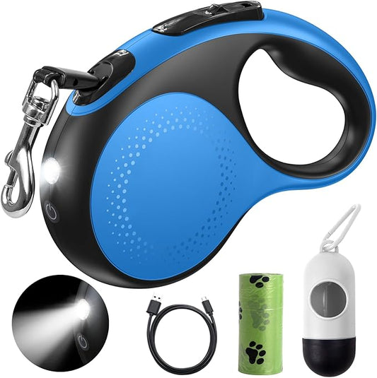 Retractable Dog Leash with Led Light, Douexio 16ft Rechargeable Walking Dog Leash for Small Medium Dogs Up to 66 lbs,360° Tangle-Free, One-Button Control, High Strength Hook