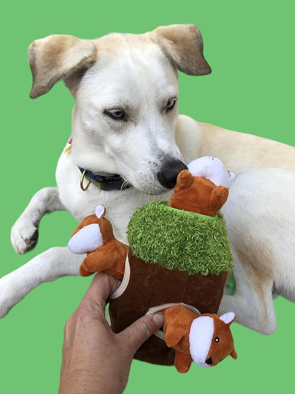 Glow Pups Hide and Seek Dog Toy, Plush Fox Inside Trunk, Squeaky Interactive Burrow Toy for Mental Stimulation, Durable & Engaging, Woodland Style, Small, 3 Animals