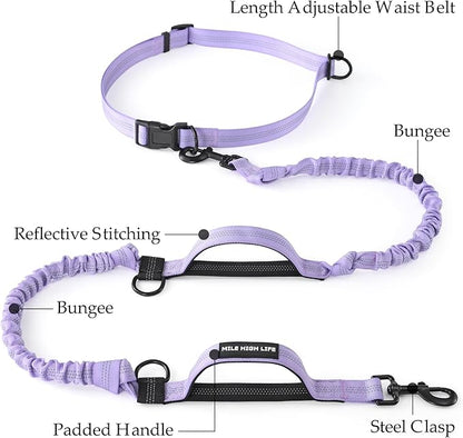 Mile High Life Hands Free Waist Leash for Dog Running Training and Jogging, Adjustable Belt with Double Handle, Reflective Bungee for Medium Large Dogs (Light Purple, 7FT)