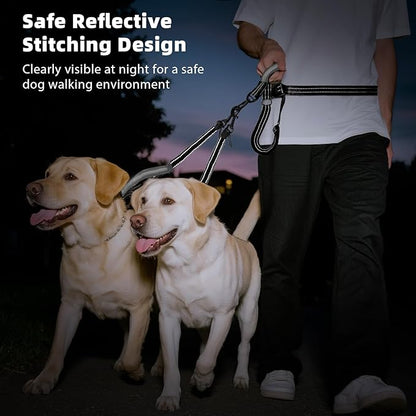 Hands Free Dog Leash, Waist Leash for 2 Dogs, Adjustable Double Hands Free Lead with Detachable Waist Belt, Padded Handles, Shock Absorbing Bungee for Walking Jogging Hiking, Black+Gray