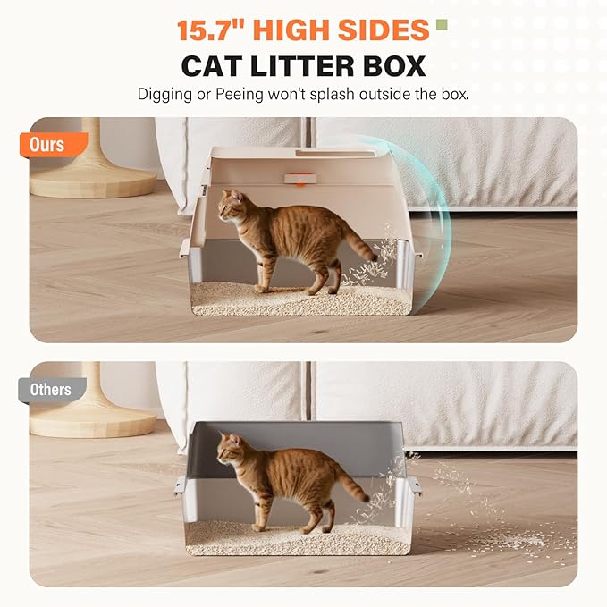 Removable Stainless Steel Cat Litter Box with lid, Front & Top Entry Kitty LitterBox，Cat Litter Box Enclosure, XL Extra Large High-Sided Metal Cat Box with Scoop,Mat,Footboard (Cream)