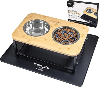 Adjustable Elevated Dog Bowls – Raised Dog Feeding Station with Bamboo Stand, 2 Stainless Steel Bowls, Slow Feeder Insert & Silicone Mat – Dog Bowls with Stand for Small & Medium Dogs