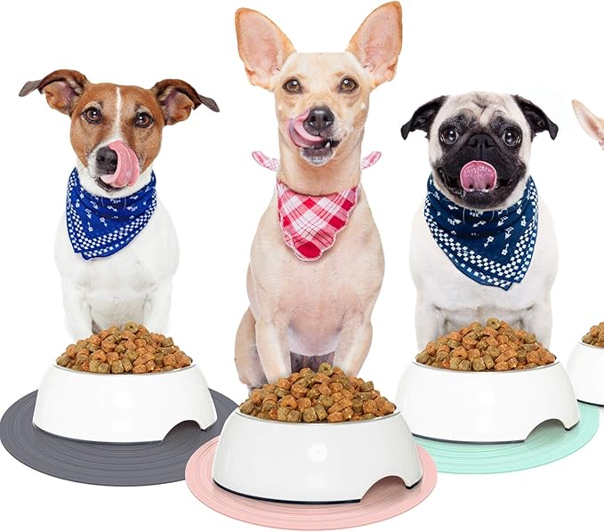 3 Pieces Silicone Pet Food Mat Feeding Mat for Dog and Cat Bowl Placemat Preventing Food and Water Overflow Suitable for Medium and Small Pet(9.5 Inch,Pink, Green, Gray)