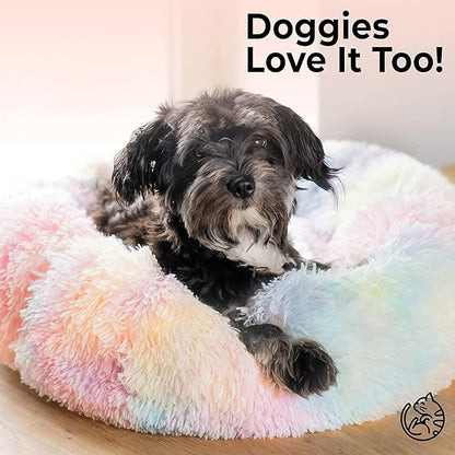 Cat Bed for Indoor Cats and Small Medium Dogs - Washable 20/24 Inches, Anti-Anxiety Round Fluffy Plush Faux Fur, Thick Bottom (Rainbow, Medium)
