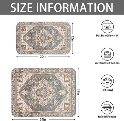 2 Pack Dog Food Mats for Floors, Absorbent and Quick-Drying Pet Cat Food Mat,Anti-Fouling and Easy-to-Clean Pet Feeding Mat,Dog Bowl Mat for Messy Drinking Water Bowls.12 x20+18"x24", Bohemia Style