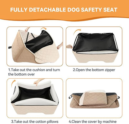 Dog Car Seat for Large-Medium Dogs: Pet Car Seat, Detachable Washable Dog Booster Seat, Pet Travel Bed with Storage Pockets and Dogs Safety Belt (Coffee, Large)