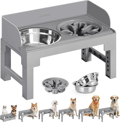 Feandrea Dog Bowls Elevated, Raised Stand with 1 Slow Feeder and Two 304 Stainless Steel Bowls, Adjustable Height and Tilted Design, Dove Gray UPRB103GD01