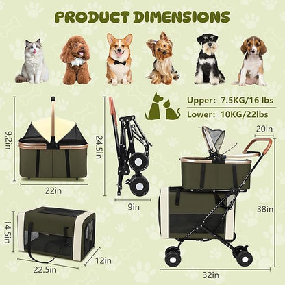 Double Pet Stroller for Dogs and Cats, One-Step Folding Dog Stroller Travel Carriage for Small Medium Dogs Cats, 2 Detachable Carrier Bags, 4 Lockable Wheels (Army Green)