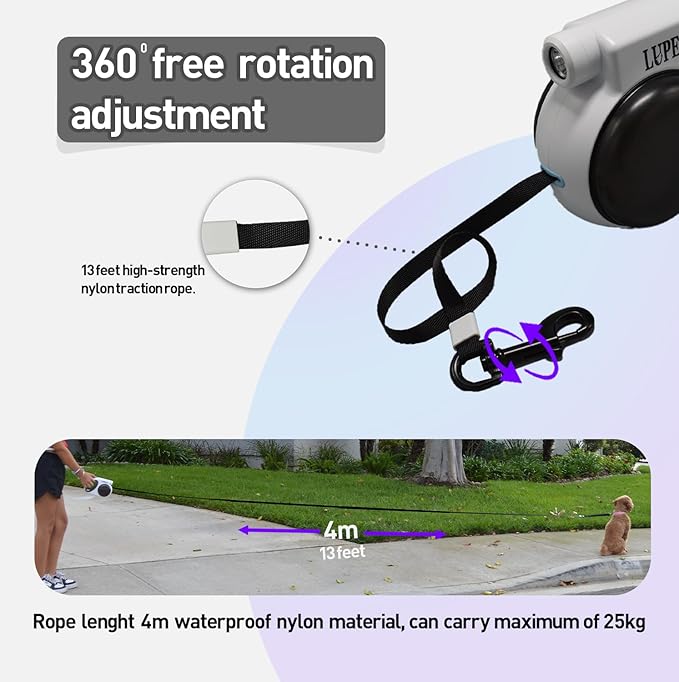 Retractable Dog Leash – 13ft Tangle-Free Lead with Bungee Extender, LED Flashlight, Dual Bowls for Food & Water, Poop Bag Dispenser (Includes 5 Rolls) – for Outdoor Walking Dogs up to 55 lbs (Green)